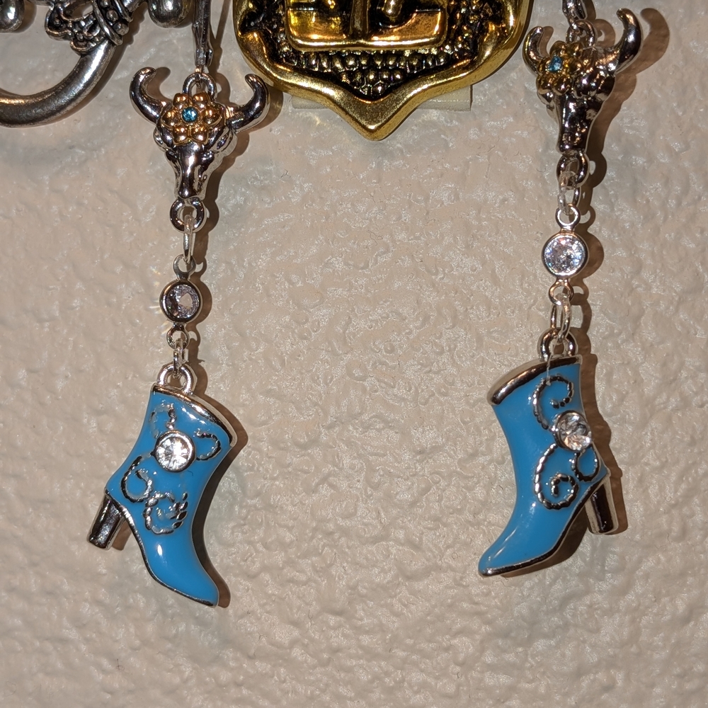 Blue Western Boot Dangle Earrings